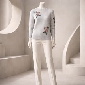 Rebecca Taylor La Vie Grey Wool Blend Sweater w/ Floral Print Detail Size S